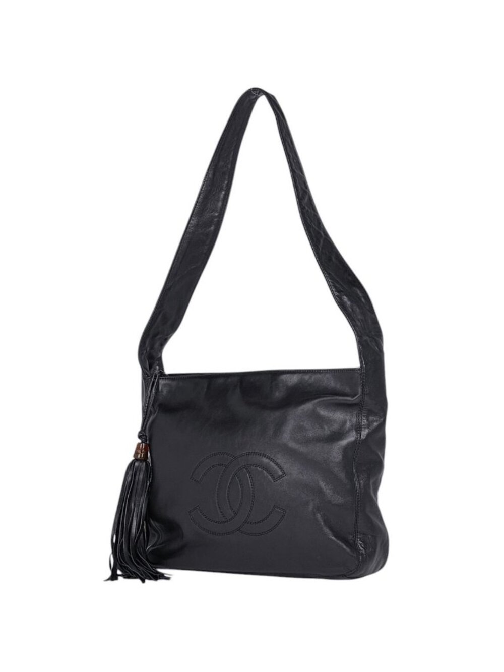 Chanel CC Logo Fringe Shoulder Bag Leather Black
